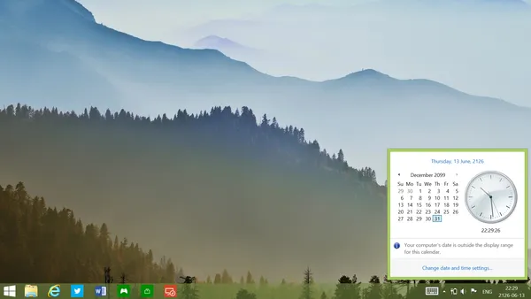 A screenshot of Windows 8 with the calendar pop-out window showing the current date as Thurday, 13 June, 2126.