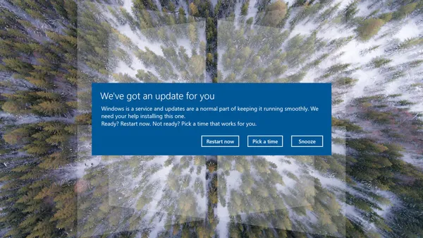 A Windows 10 dialog saying “We’ve got an update for you. Windows is a service and updates are a normal part of keeping it running smoothly. We need your help installing this one. Reall?…