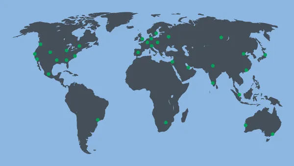 A blue world map with several green dots marking important internet interconnection points.