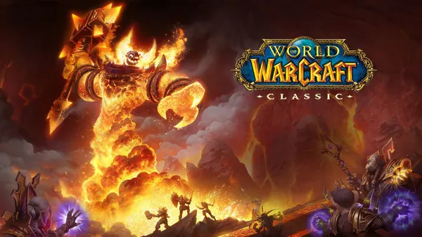 A firey and hellish scene from the game World of WarCraft. (Featuring Ragnaros the Firelord.)