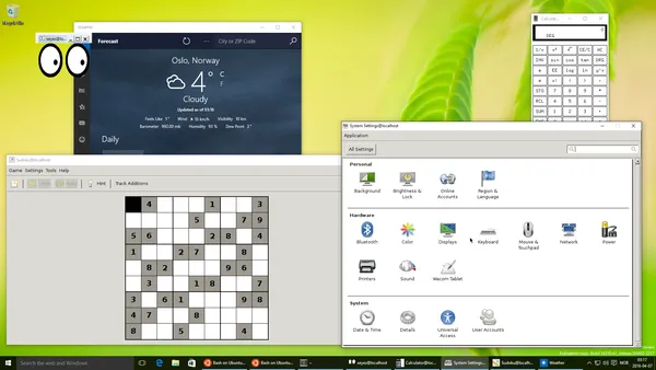 Screenshot of application windows belonging to Xeyes and GNOME Control Center running on Xorg through Bash on Ubuntu on Windows 10 (WSL).