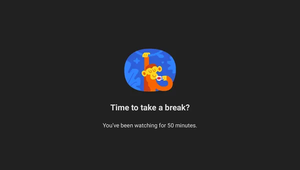 Screenshot of a “time to take a break” reminder from the YouTube app. Features a tired monkey stretching and drinking from a cup.