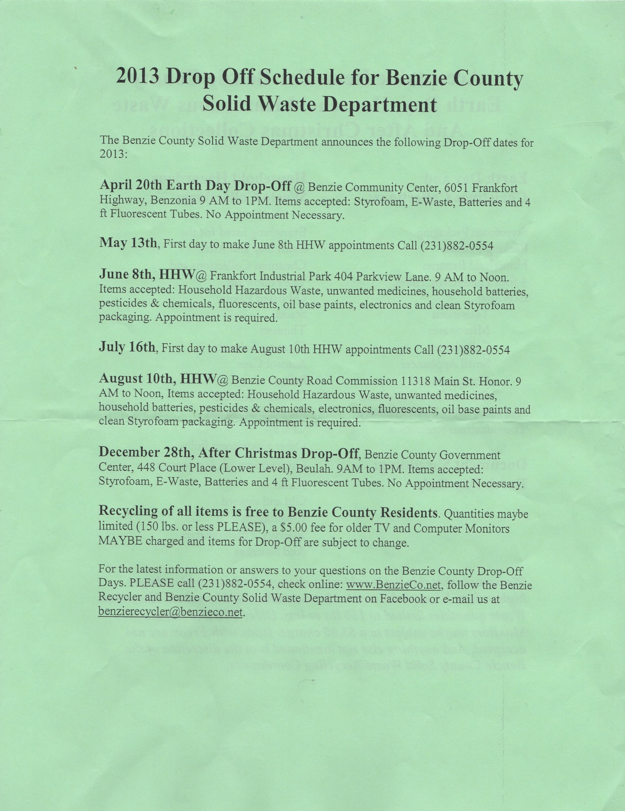 Benzie Recycling Special Collections page 2