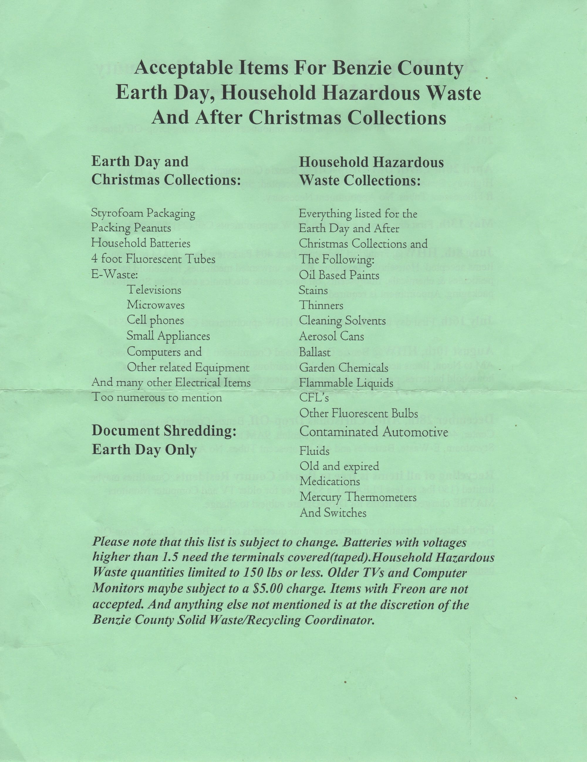Benzie Recycling Special Collections