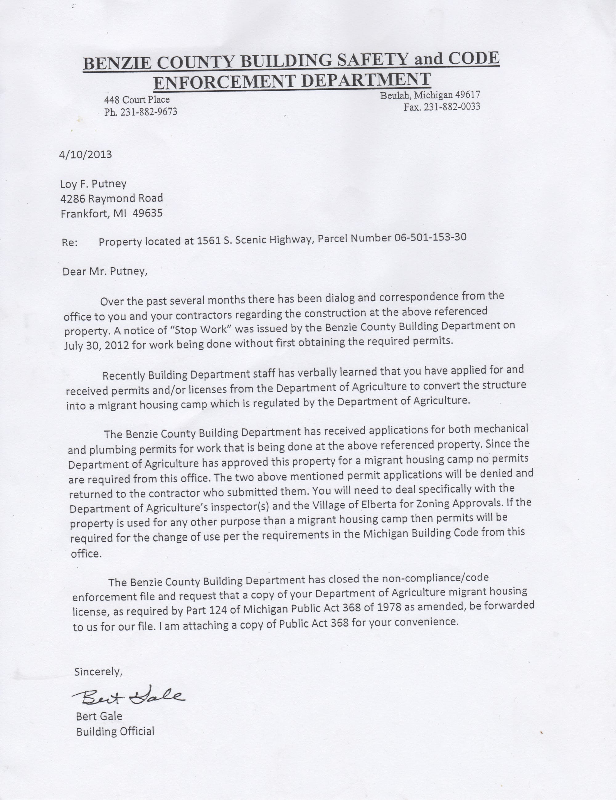 Bert Gale letter to Loy Putney re permits