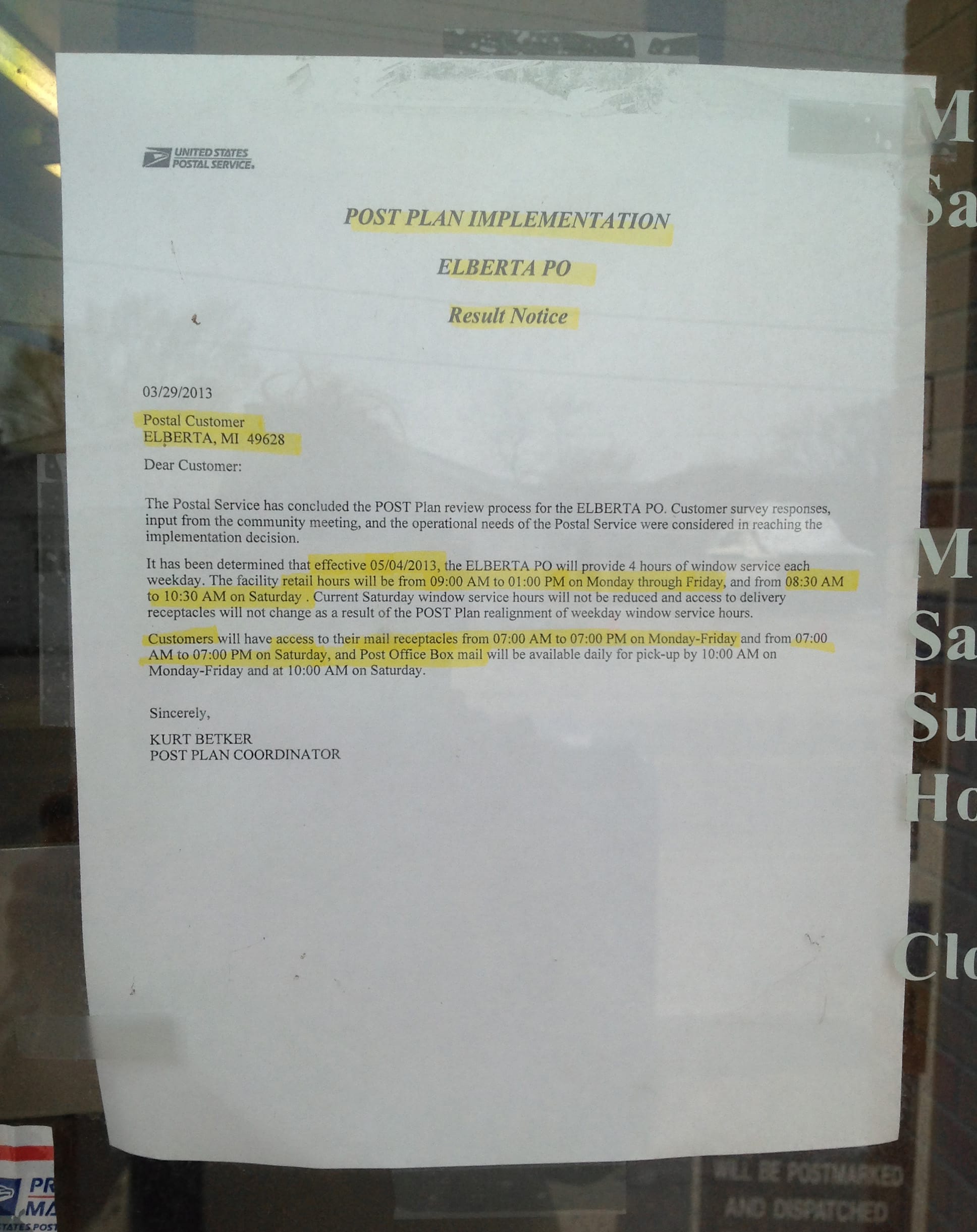 post office new hours notice