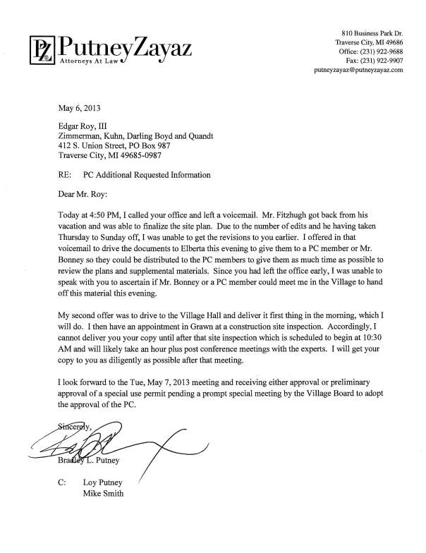 May 6 letter from Brad Putney to Village attorney Edgar Roy regarding Planning Commission questions.