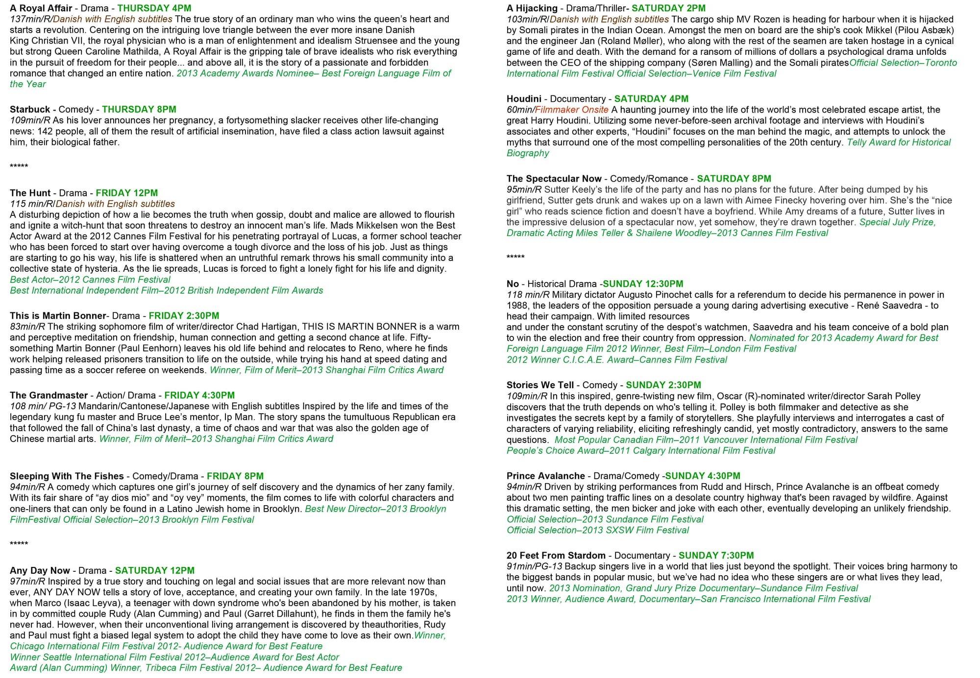 2013 Film Fest Schedule