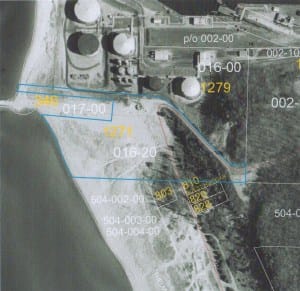 Portion of E Beach owned by Village, outlined in blue. This parcel was acquired by the Village from the Ann Arbor railroad in a quit claim deed for $32,000 in 1983. The Village owns half the overlook. The other half is owned by Sand Products Corporation. Map and deed info from Benzie County Equalization office.