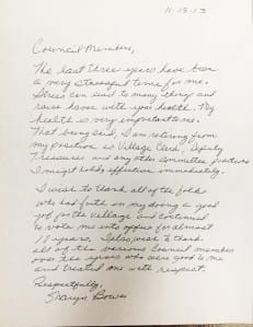 Letter from Sharyn Bower announcing her retirement as Village Clerk, read by R. Manville at the November meeting.