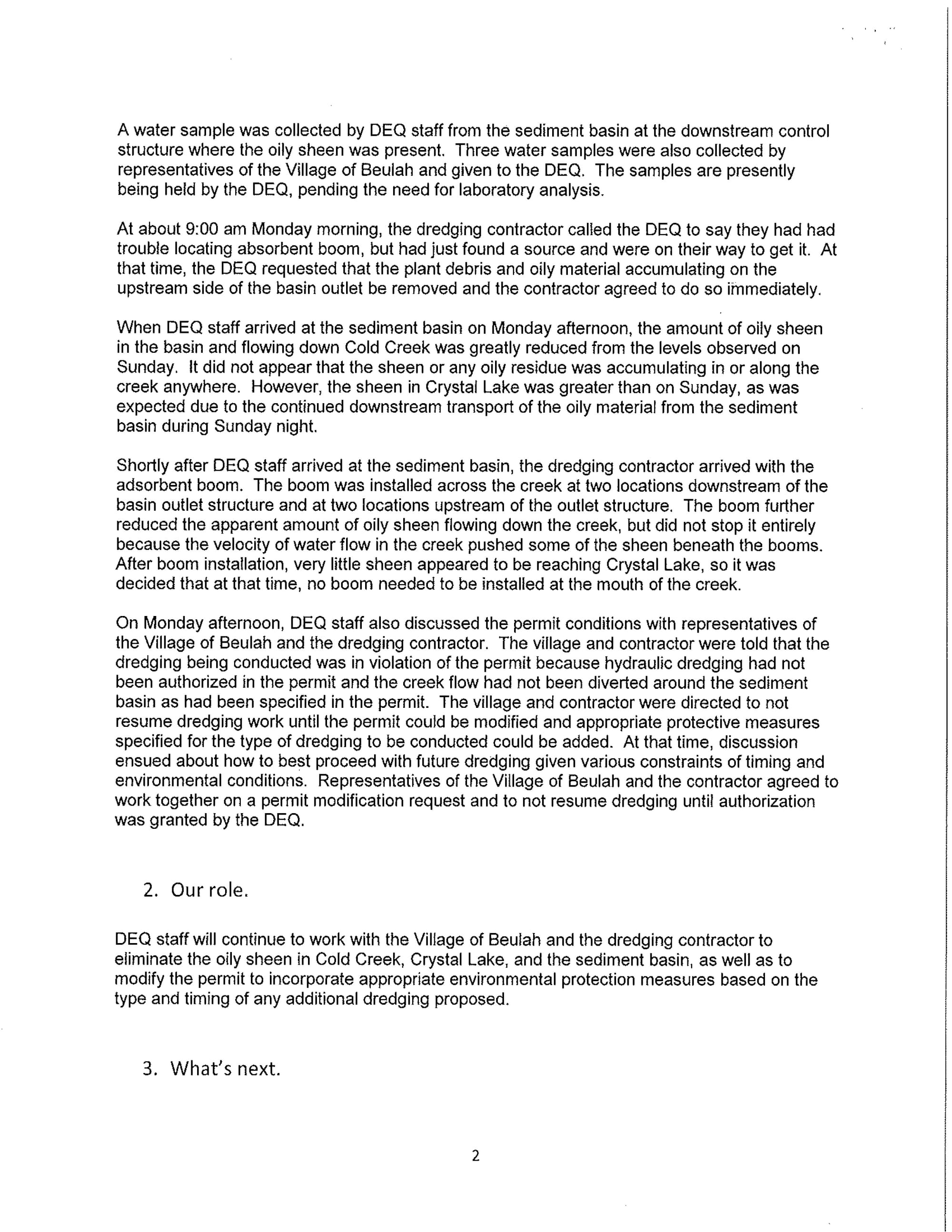 DRAFT preliminary DEQ report on Cold Creek incident page 2