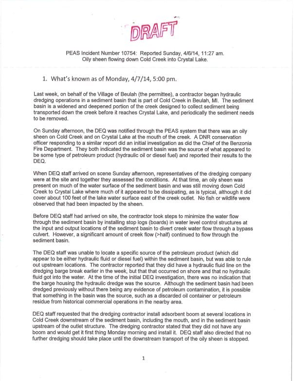DRAFT preliminary DEQ report on Cold Creek incident