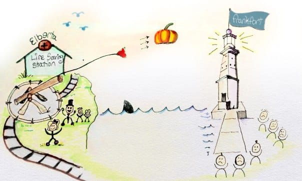 Elberta's Pumpkin Trebuchet aimed at Frankfort, MI
