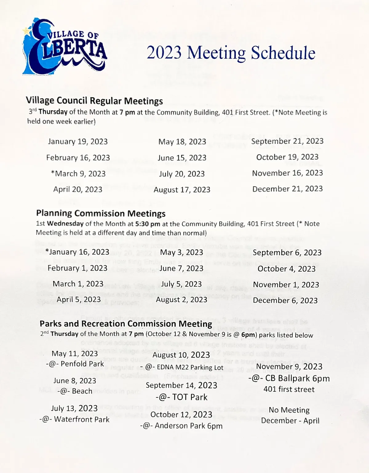 2023 Elberta Meeting Schedule