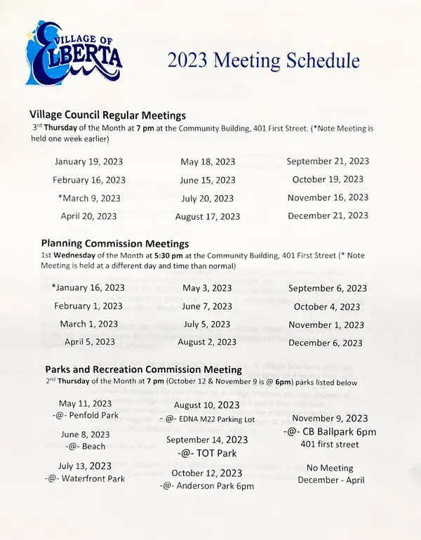 2023 Elberta Meeting Schedule