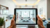 Personne tenant une tablette montrant un intérieur d'appartement moderne et lumineux