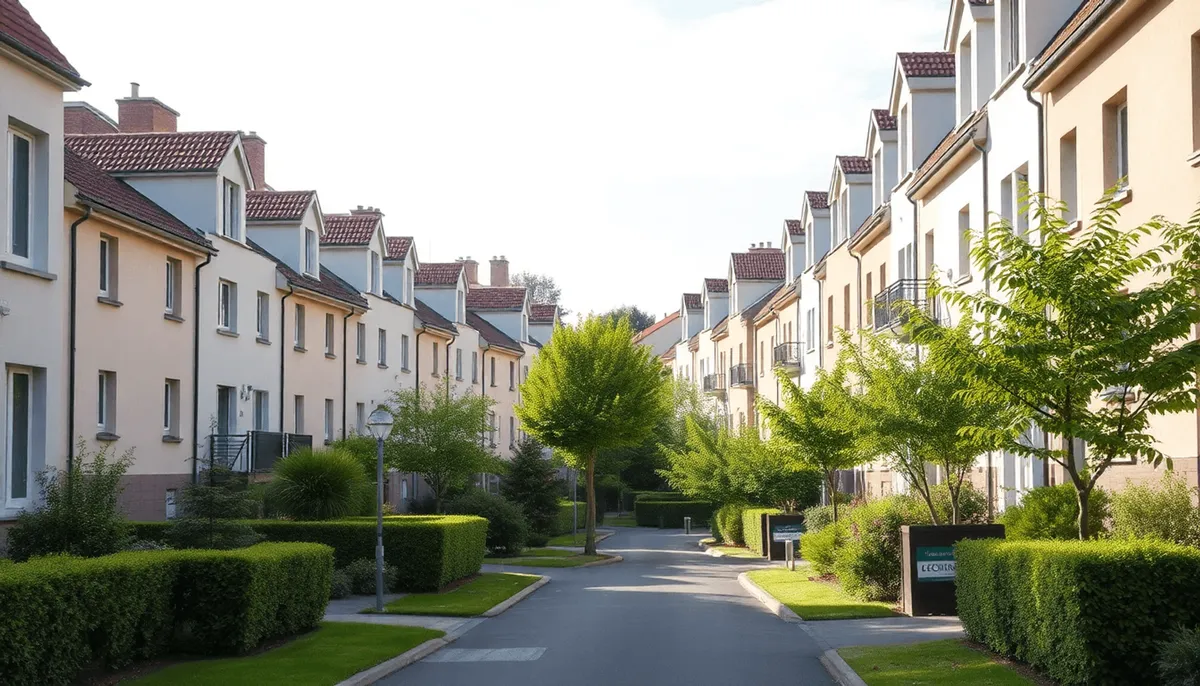 Bâtiments résidentiels modernes avec de la verdure sous un ciel dégagé dans un quartier urbain