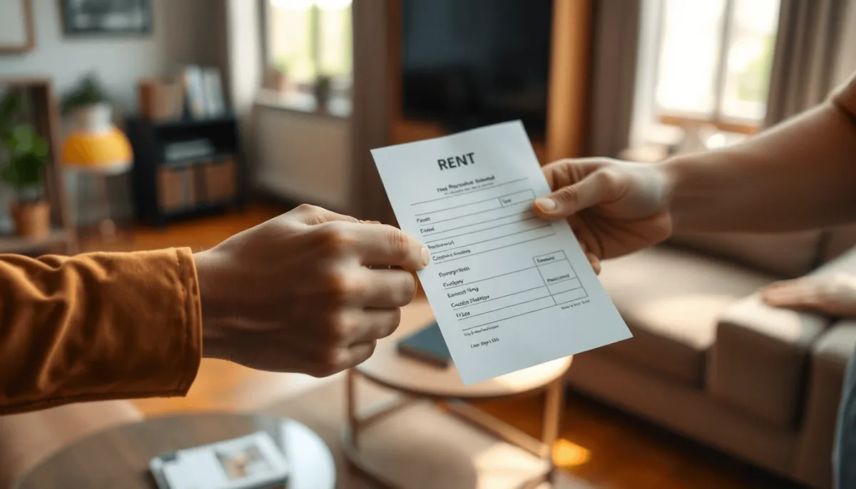 Des mains échangeant un reçu de loyer en papier dans un appartement confortable et chaleureusement éclairé