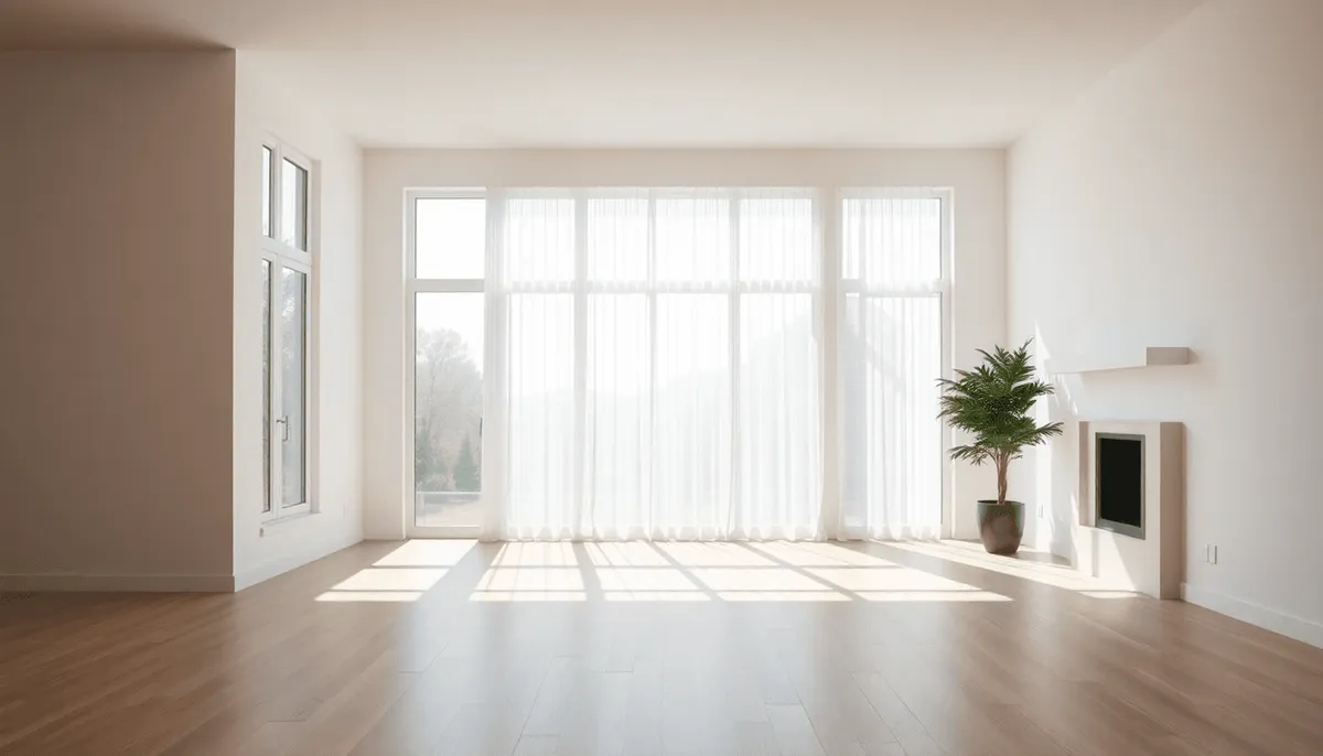 Salon moderne lumineux avec de grandes fenêtres, peinture fraîche, sols propres