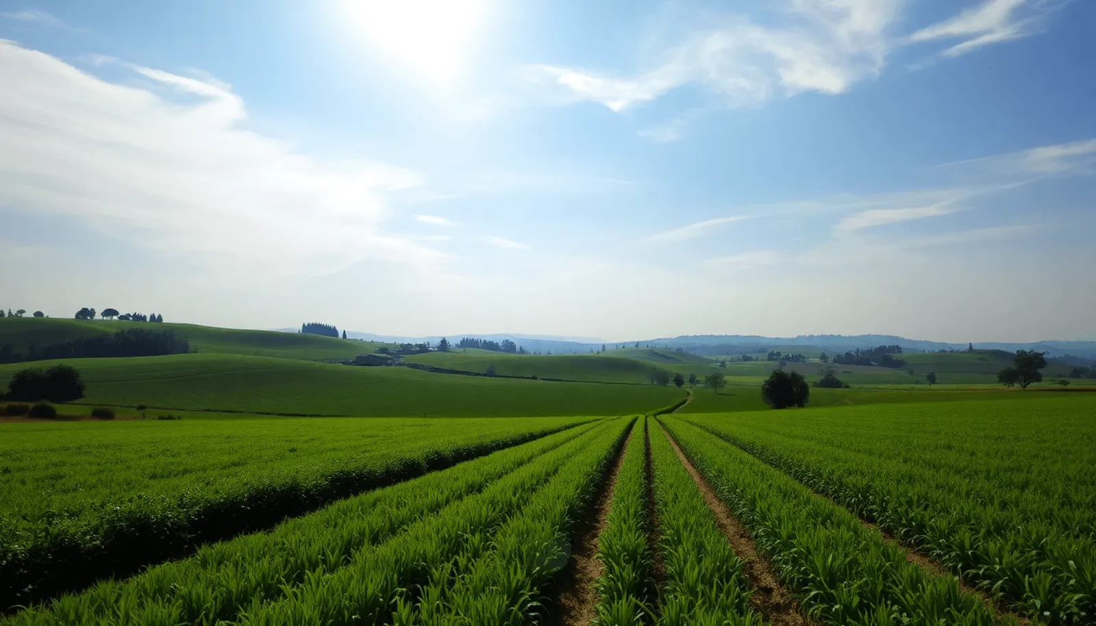 Un paysage rural paisible avec des champs verts, des cultures, des collines ondulantes et un ciel lumineux