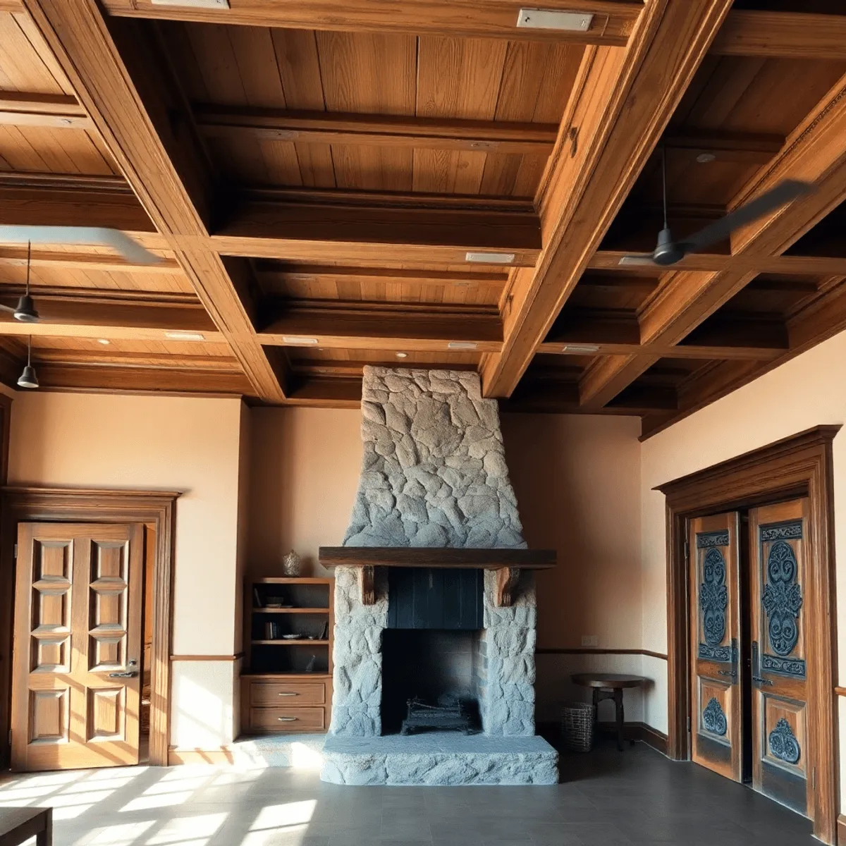 Intérieur historique confortable avec des poutres en bois apparentes, une cheminée en pierre, des moulures