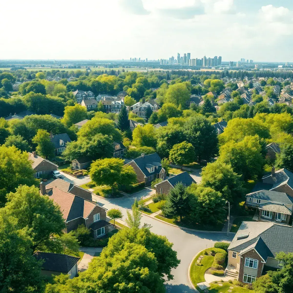 Un quartier résidentiel ensoleillé avec des maisons charmantes et des parcs verdoyants.