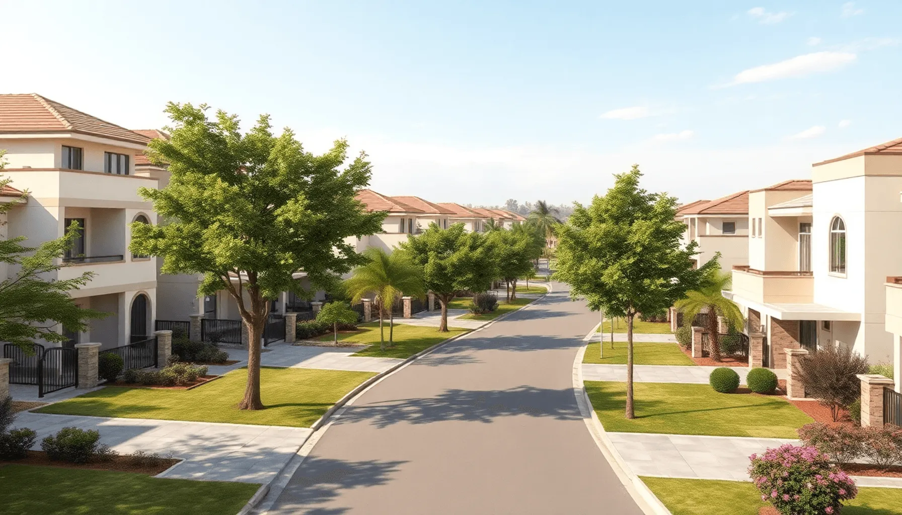 Maisons suburbaines modernes avec jardins et rues bordées d'arbres sous un ciel dégagé