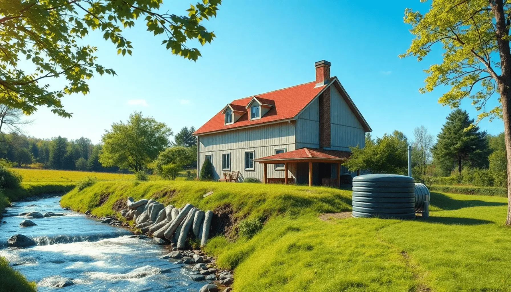Une maison rurale entourée de verdure avec une fosse septique à proximité