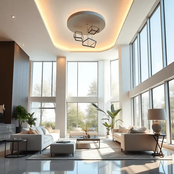 Salon moderne avec de grandes fenêtres laissant entrer la chaleur du soleil