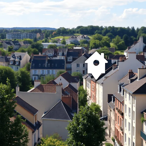 Ville française ensoleillée avec des bâtiments traditionnels et modernes, des rues bordées d'arbres