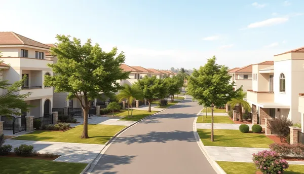 Maisons suburbaines modernes avec jardins et rues bordées d'arbres sous un ciel dégagé