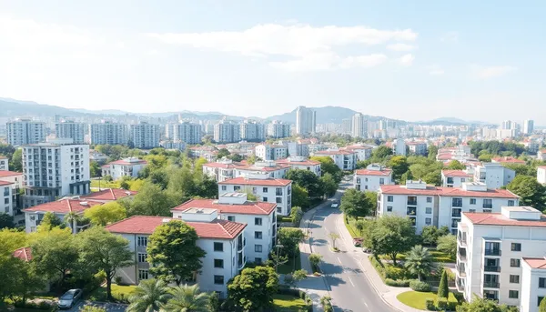 Un quartier suburbain lumineux avec des maisons modernes, des jardins verts