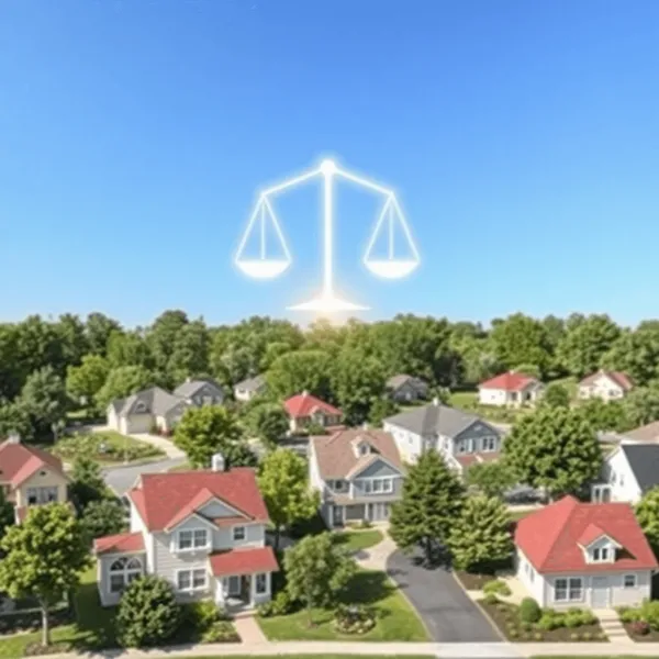 Un quartier résidentiel ensoleillé avec des maisons diverses, des arbres verts, des jardins et des balances