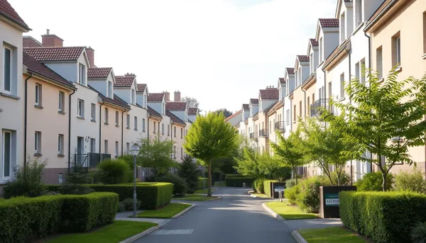 Bâtiments résidentiels modernes avec de la verdure sous un ciel dégagé dans un quartier urbain