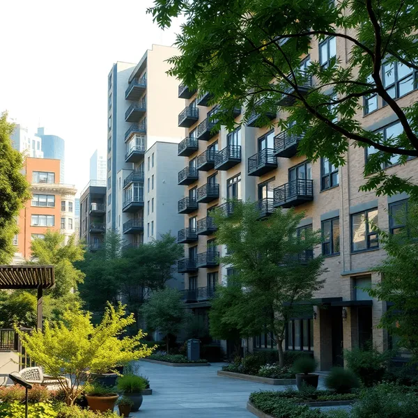 Quartier urbain dynamique avec des bâtiments modernes et historiques, des arbres verts luxuriants et des ja...