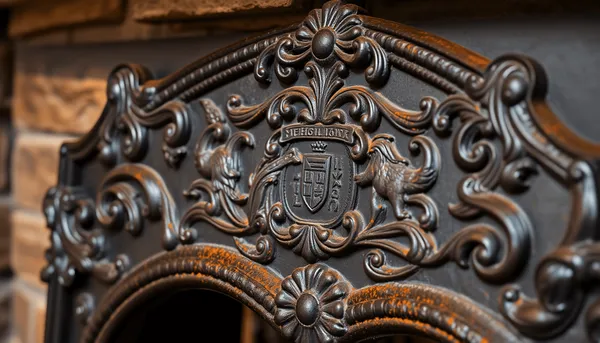 Plaque de cheminée en fonte antique ornée avec des motifs historiques complexes sur un mur en pierre rustique.
