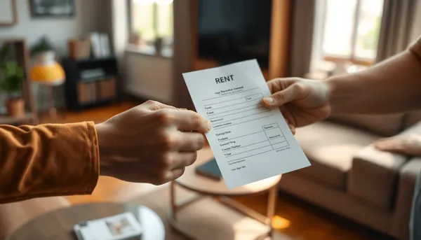 Des mains échangeant un reçu de loyer en papier dans un appartement confortable et chaleureusement éclairé