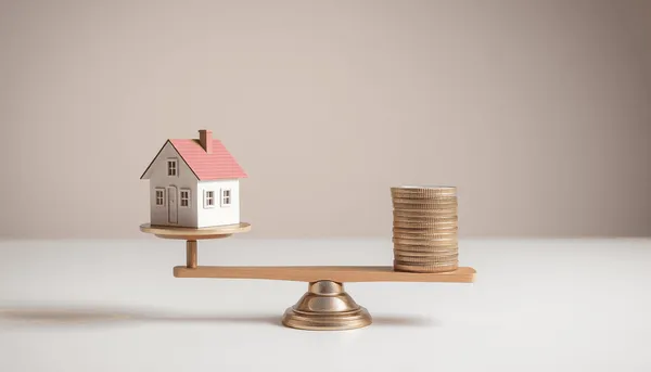 Une balance équilibrée avec une maison d'un côté et des pièces de monnaie de l'autre