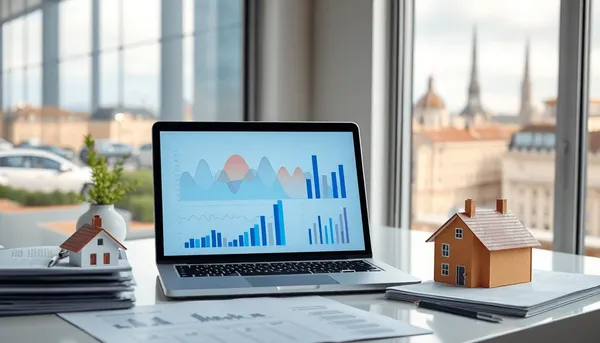 Espace de travail moderne avec un ordinateur portable affichant des graphiques immobiliers