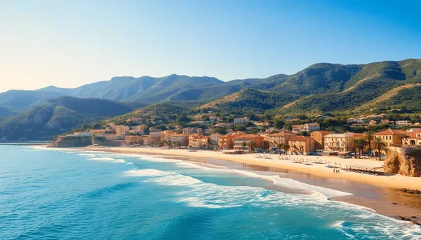 Plage méditerranéenne ensoleillée avec des vagues douces, collines verdoyantes