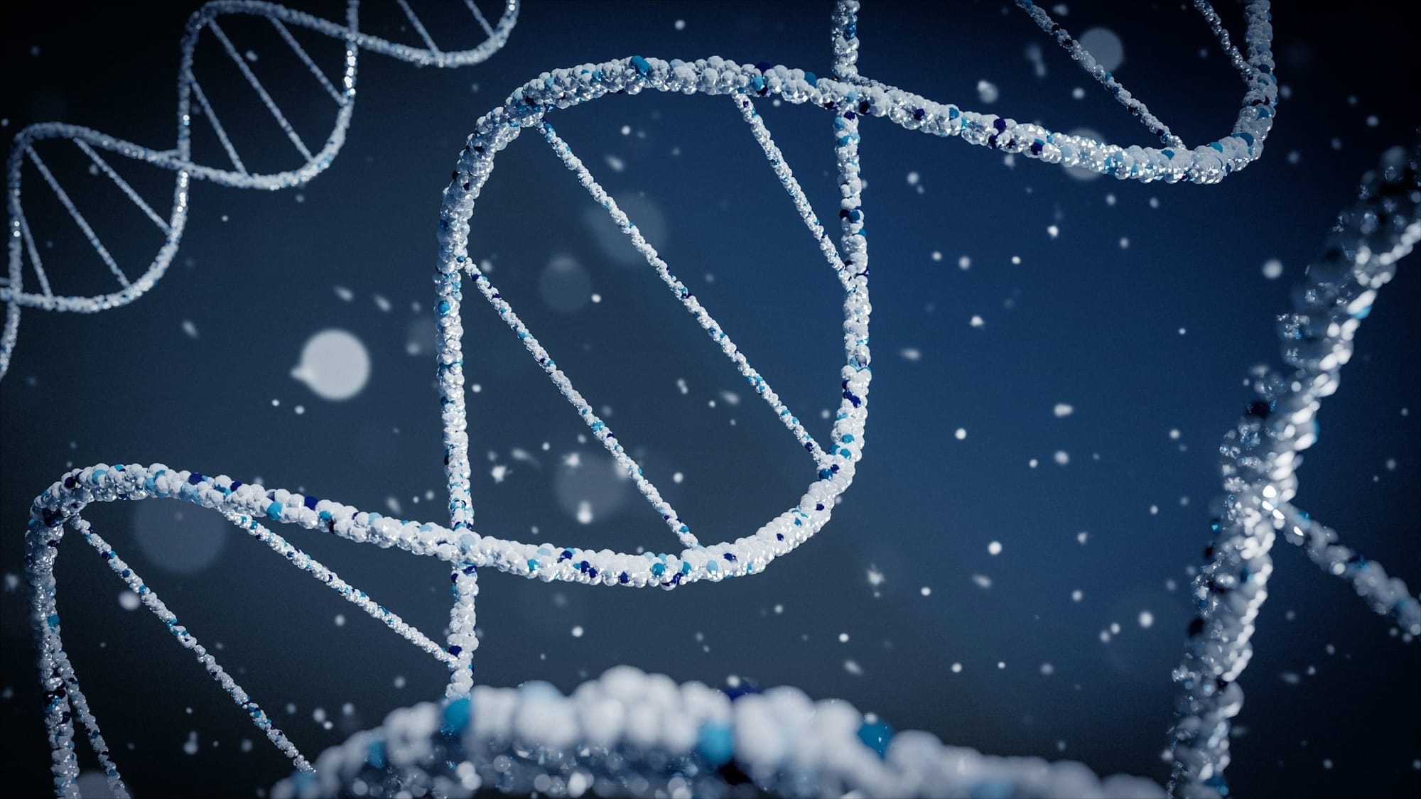 Blue DNA double helix structure rendered against a dark background.