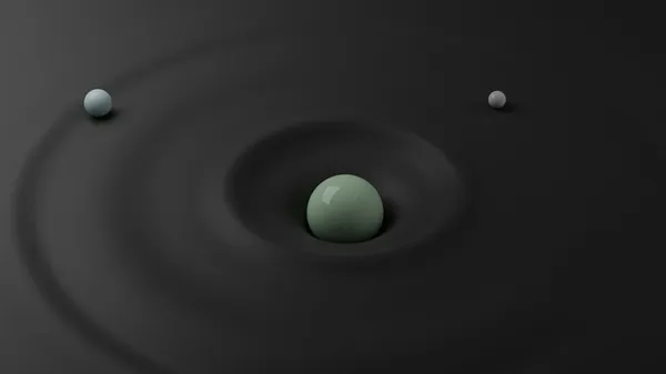 Spheres arranged in a circular pattern floating against a dark background, illustrating orbital motion.