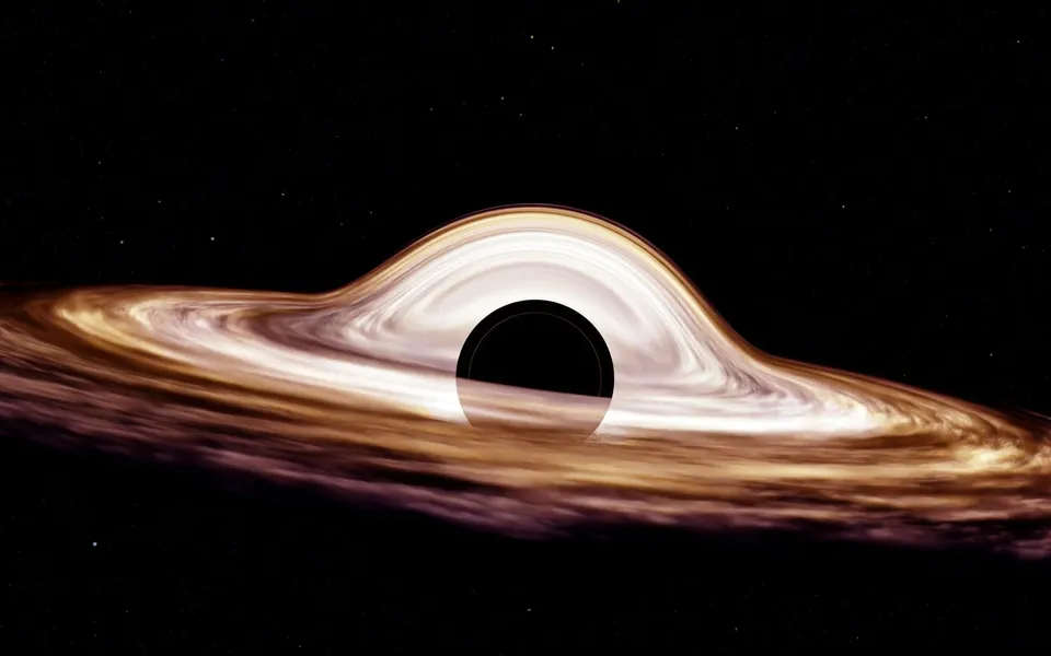 Visualization of a black hole with an accretion disk and light distorted by gravitational lensing.