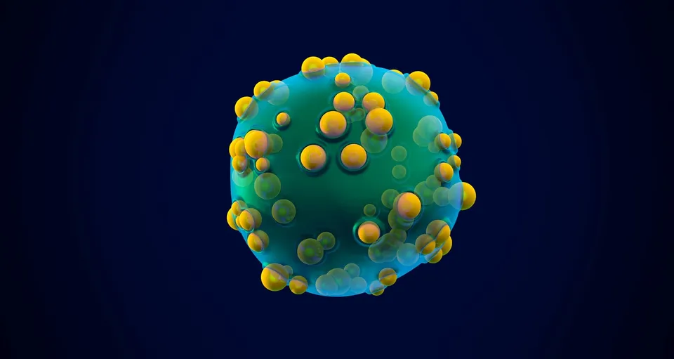 Microscopic visualization of a biological cell structure on a blue background.