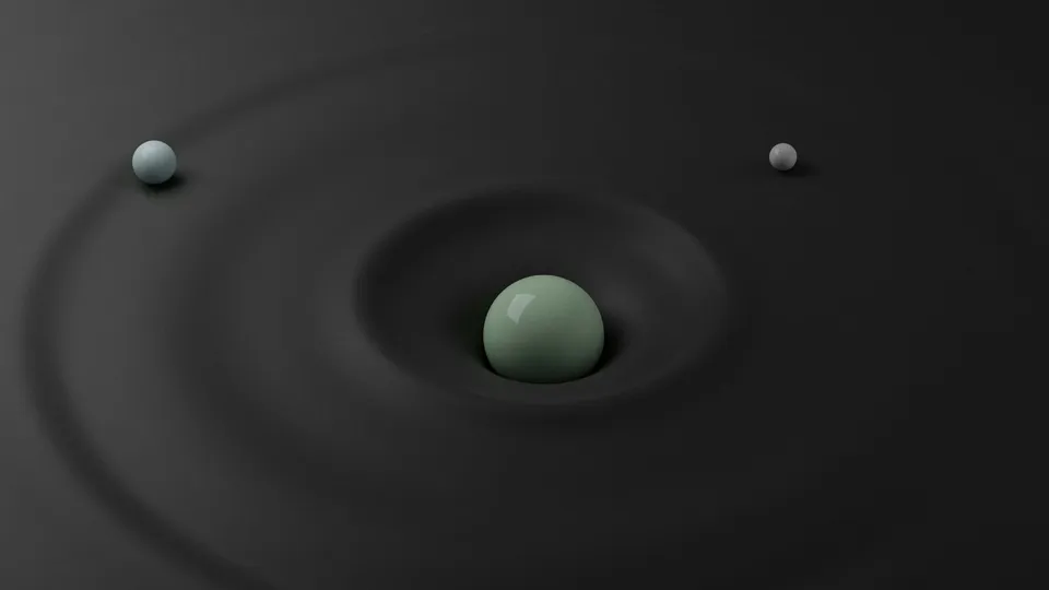 Spheres arranged in a circular pattern floating against a dark background, illustrating orbital motion.