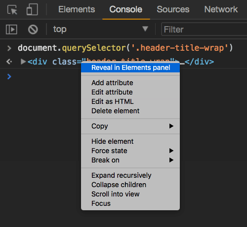 console panelde seçilen eleman