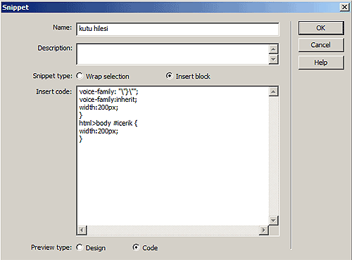 Dreamweaver Sineppet Penceresi