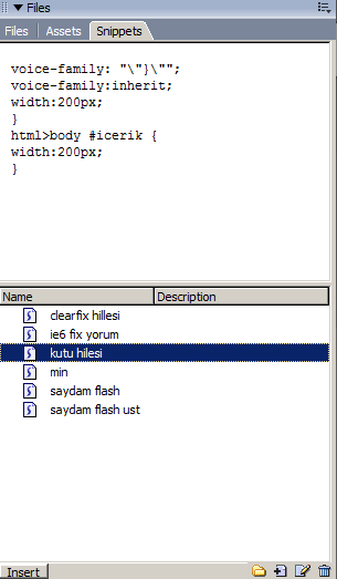 Dreamweaver Sineppet Penceresi