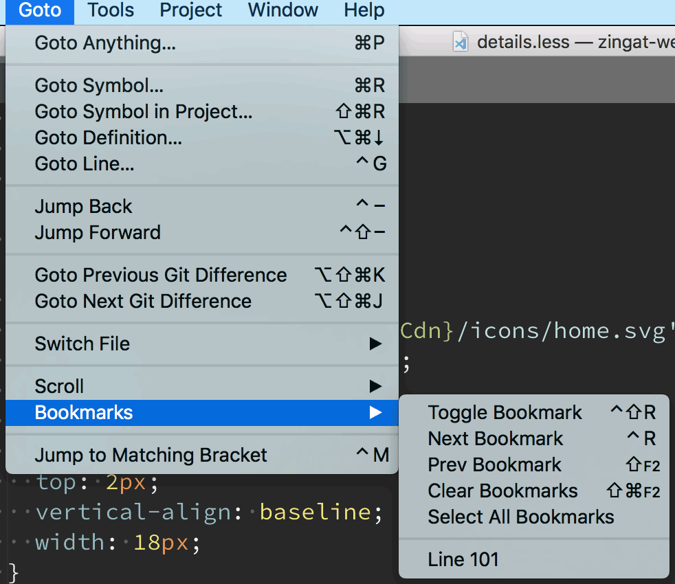 sublime text bookmarking