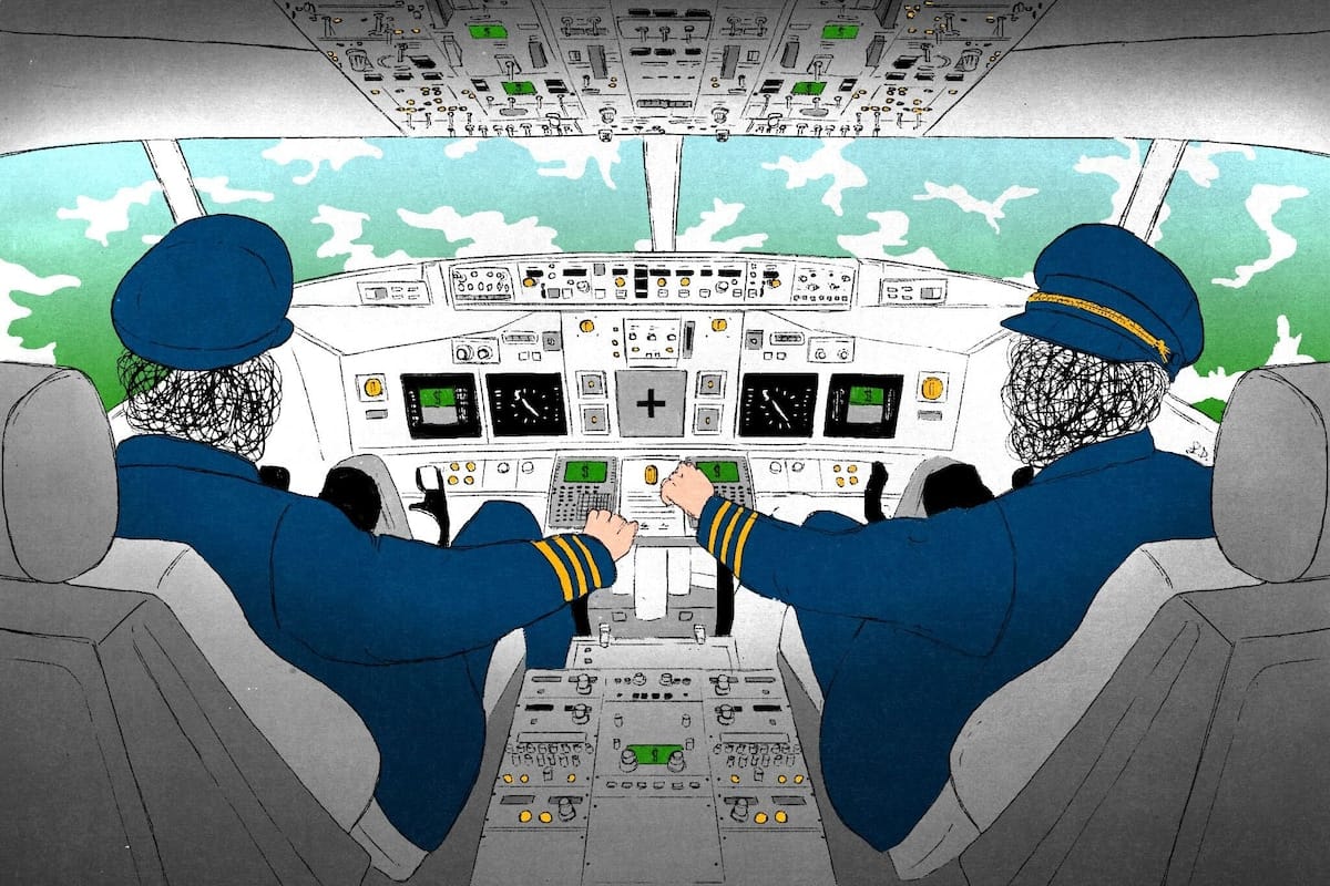 Illustration of two pilots in a cockpit flying a commercial plane. Their faces are obscured. The control board in front of them features several money and medical symbols, and the clouds ahead are in the shape of camouflage. 